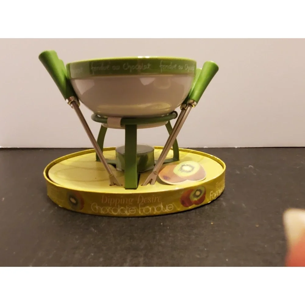 Dipping Desire Chocolate Fondue Set Green White Ceramic Bowl 4 Forks Tea Light